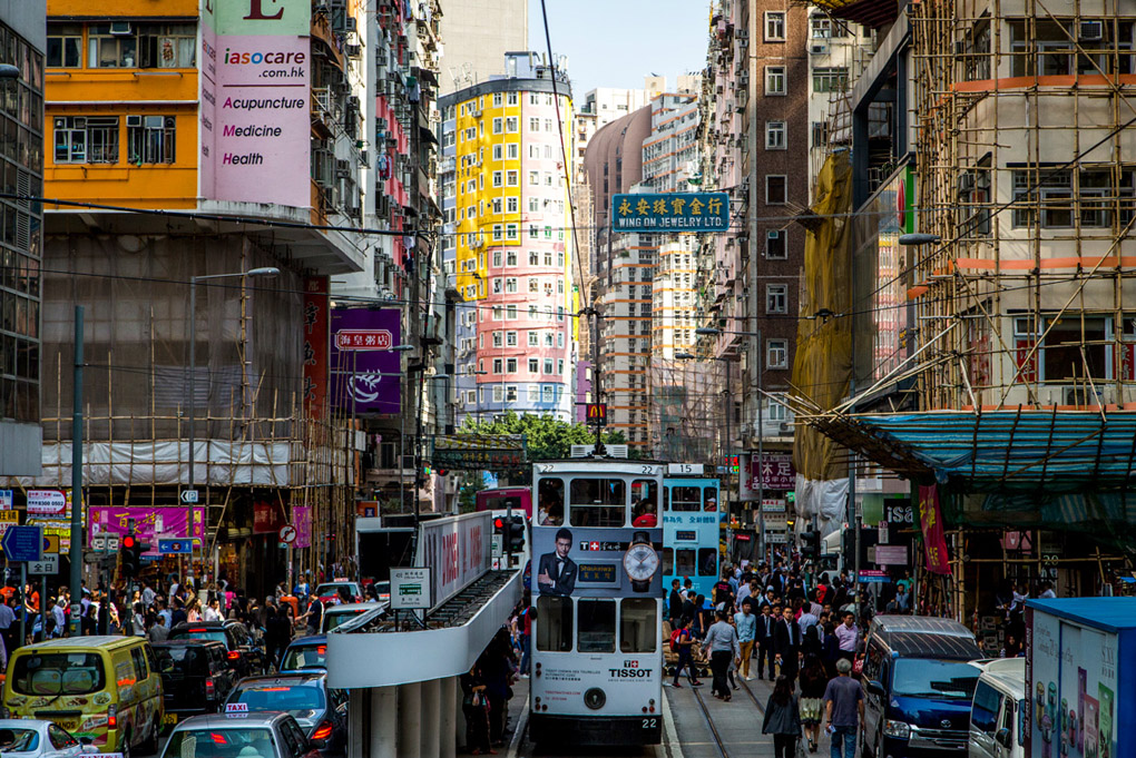 tram, trams in Hong Kong, overcrowded city, city, cityscape, contrast, shadows, street photography, Mercedes Noriega, Mercedes Noriega Photography