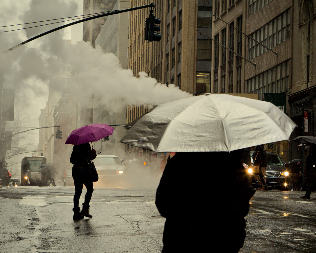 street photography, rain, umbrella, mid town, the big apple, winter, fog