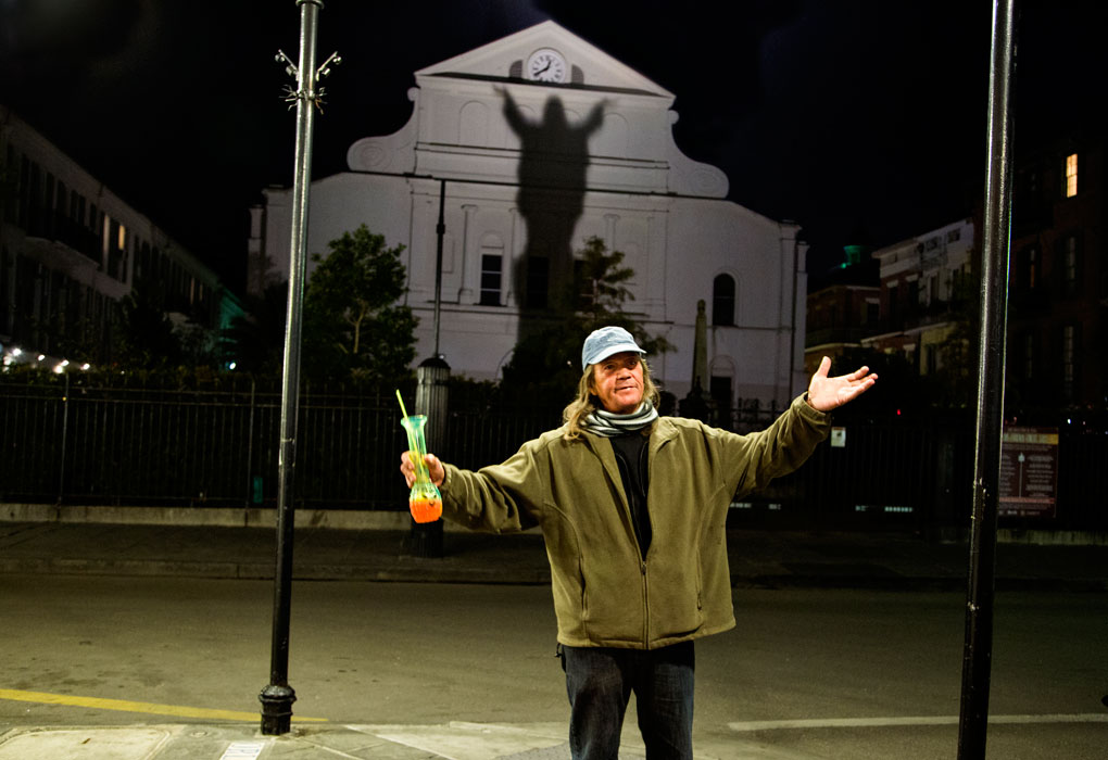 street photography, hand grenade, cocktail, night shadow, christ, jesus, St. Louis Cathedral, Mercedes Noriega, Mercedes Noriega Photography
