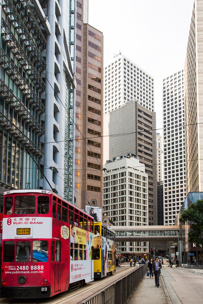 Wan Chai, Hong Kong, street photography, bus, double deck bus, tram, trams, Hong Kong's trams, city, architecture, urban landscape, transportation, Mercedes Noriega, Mercedes Noriega Photography