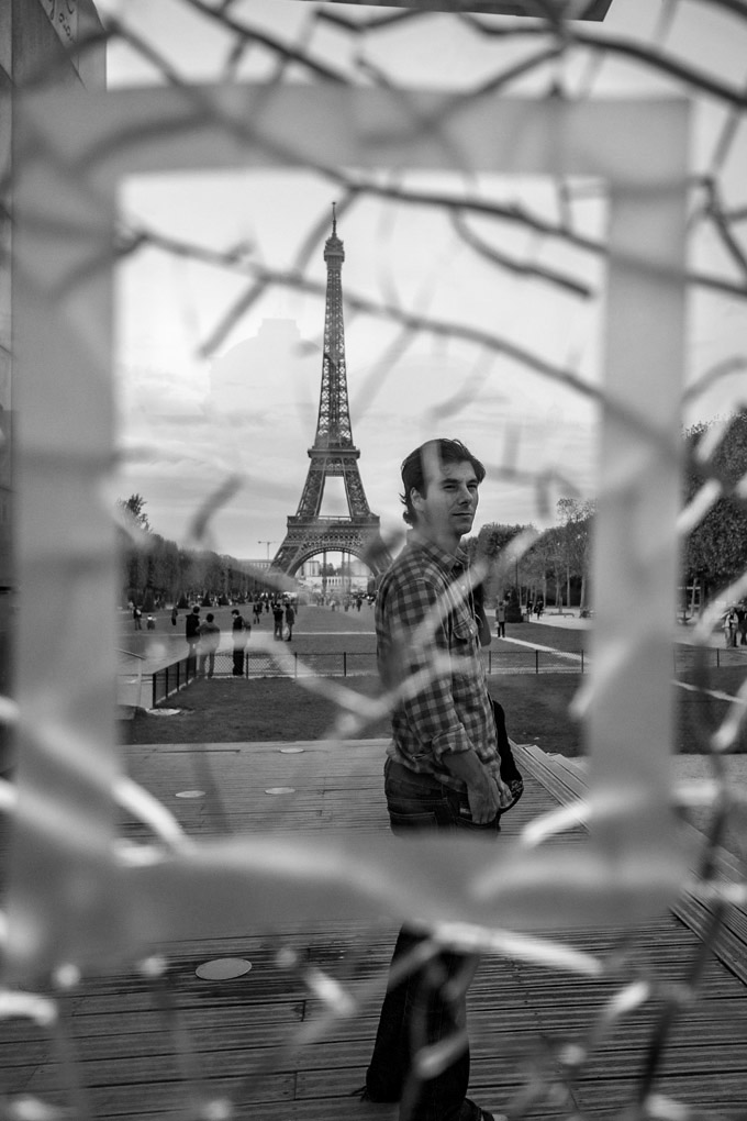 Eiffel Tower, Paris, France, architecture, black and white, glass, broken glass, man, look, street photography, view