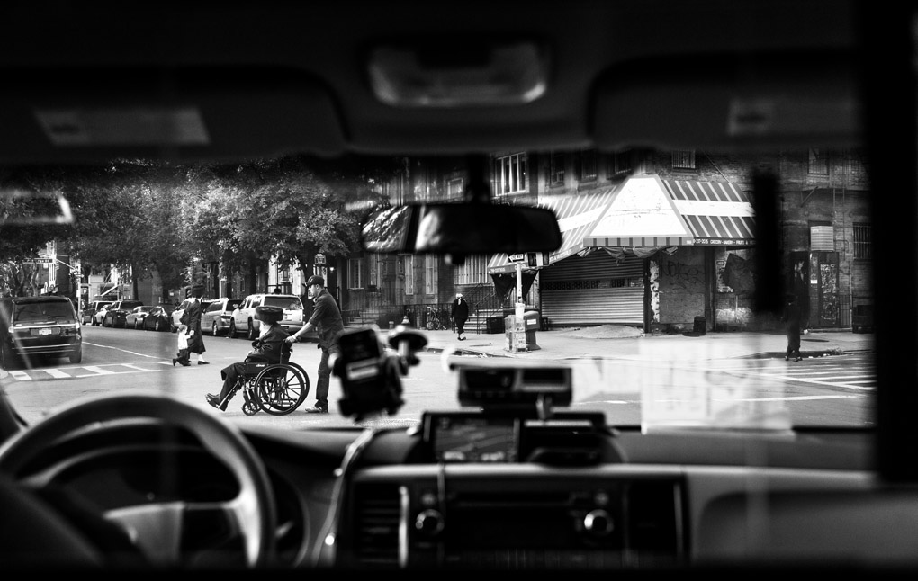 wheelcjair, taxi, cab, black and white, religion, mic of cultures, ethnicities, brooklyn