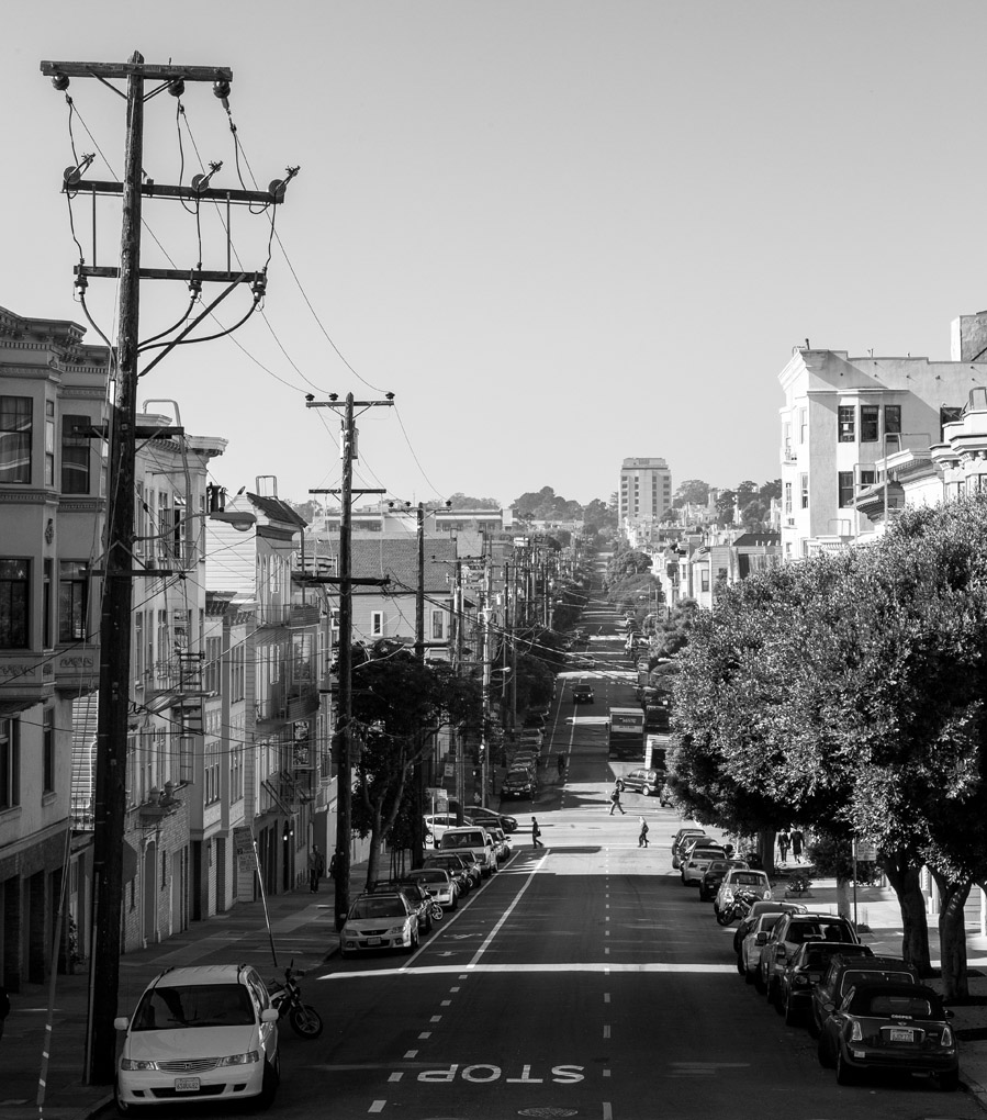 city, streets of San Francisco, city, city in black and white, black and white, cityscape, urban, urban landscape, light posts, street photography